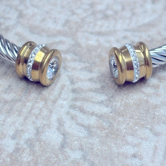 Gold & Silver Two-Tone Twisted Cable Cuff Bangle Bracelet Crystal Rhinestone - Picture 4 of 12